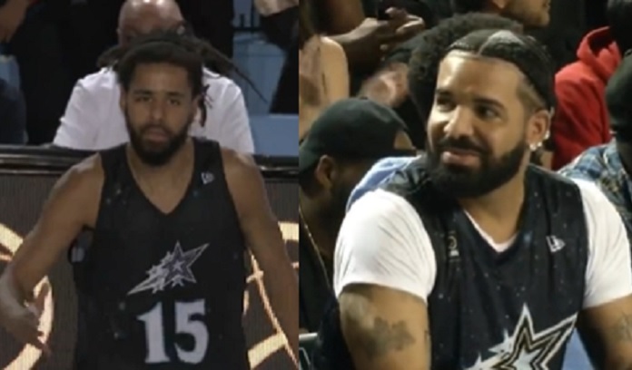 Drake torce por seu parceiro de Rap J.Cole em partida de basquete