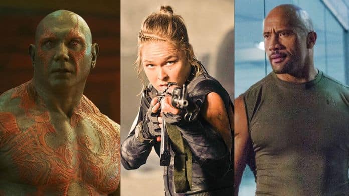 lutadores no cinema - Dave Bautista, Ronda Rousey e The Rock